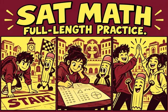 SAT MATH FULL-LENGTH PRACTICE — original handwritten comic illustration.