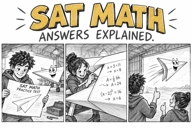 SAT MATH ANSWERS EXPLAINED — original handwritten comic illustration.