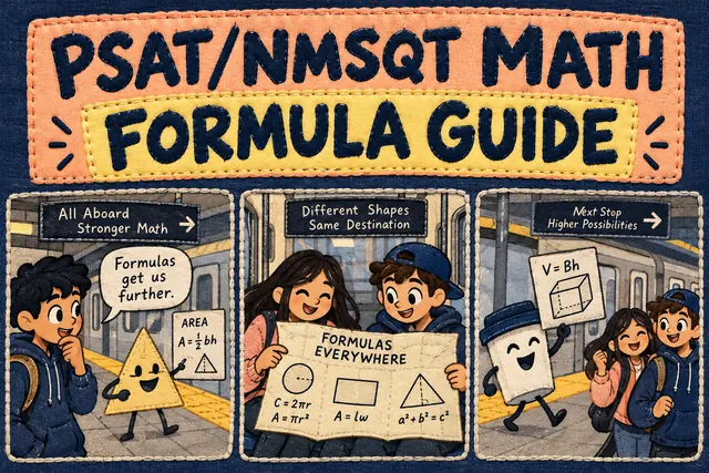 PSAT/NMSQT MATH FORMULA GUIDE — original handwritten comic illustration.
