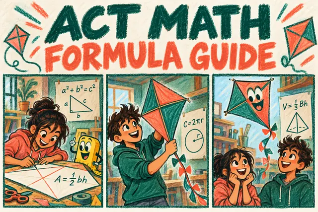 ACT MATH FORMULA GUIDE — original handwritten comic illustration.