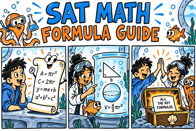 SAT MATH FORMULA GUIDE — original handwritten comic illustration.