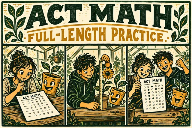 ACT MATH FULL-LENGTH PRACTICE — original handwritten comic illustration.