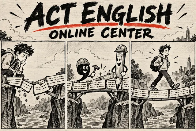 ACT ENGLISH ONLINE CENTER — original handwritten comic illustration.