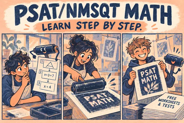 PSAT/NMSQT MATH LEARN STEP BY STEP — original handwritten comic illustration.