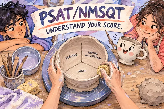 PSAT/NMSQT UNDERSTAND YOUR SCORE — original handwritten comic illustration.