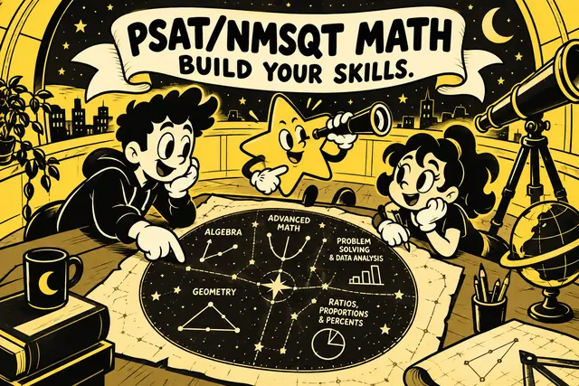 PSAT/NMSQT MATH BUILD YOUR SKILLS — original handwritten comic illustration.