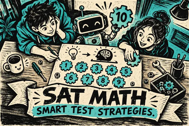 SAT MATH SMART TEST STRATEGIES — original handwritten comic illustration.