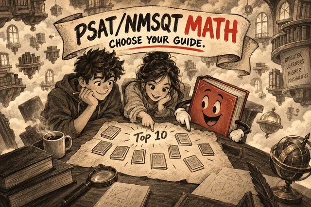 PSAT/NMSQT MATH CHOOSE YOUR GUIDE — original handwritten comic illustration.