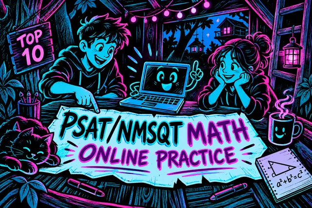 PSAT/NMSQT MATH ONLINE PRACTICE — original handwritten comic illustration.