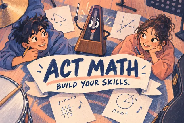 ACT MATH BUILD YOUR SKILLS — original handwritten comic illustration.
