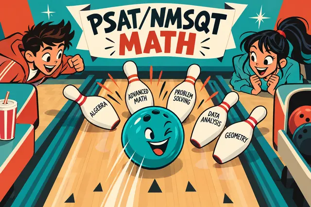 PSAT/NMSQT MATH — original handwritten comic illustration.