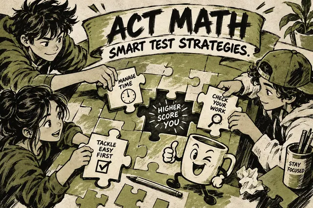 ACT MATH SMART TEST STRATEGIES — original handwritten comic illustration.