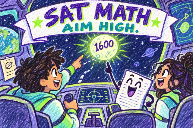 SAT MATH AIM HIGH — original handwritten comic illustration.