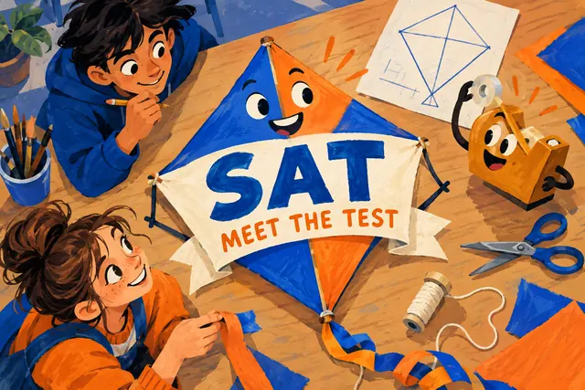 SAT MEET THE TEST — original handwritten comic illustration.