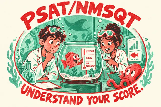 PSAT/NMSQT UNDERSTAND YOUR SCORE — original handwritten comic illustration.