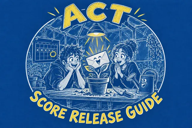 ACT SCORE RELEASE GUIDE — original handwritten comic illustration.