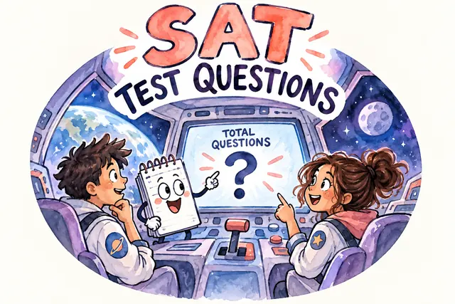 SAT TEST QUESTIONS — original handwritten comic illustration.