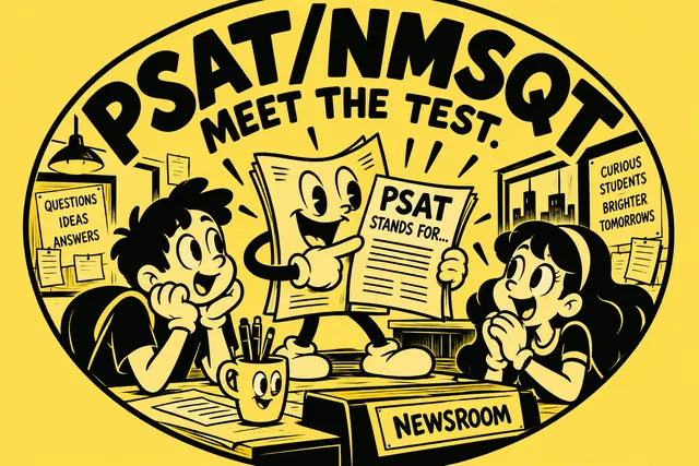 PSAT/NMSQT MEET THE TEST — original handwritten comic illustration.