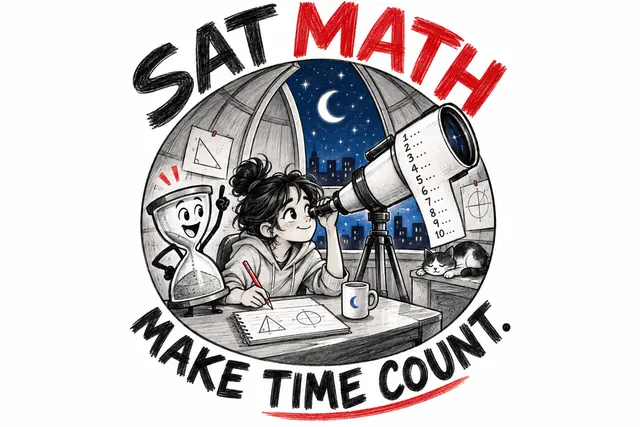 SAT MATH MAKE TIME COUNT — original handwritten comic illustration.