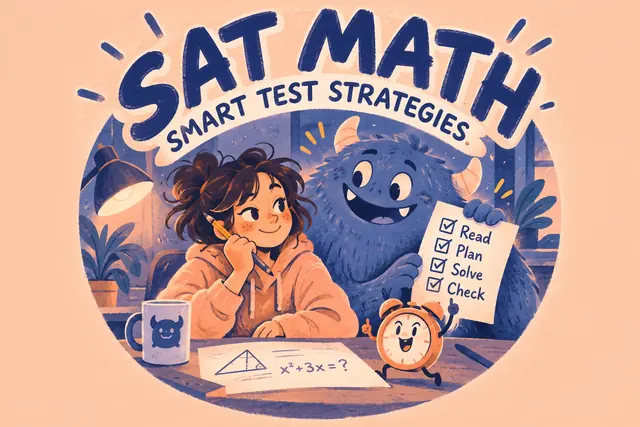 SAT MATH SMART TEST STRATEGIES — original handwritten comic illustration.