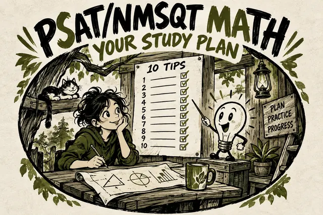 PSAT/NMSQT MATH YOUR STUDY PLAN — original handwritten comic illustration.