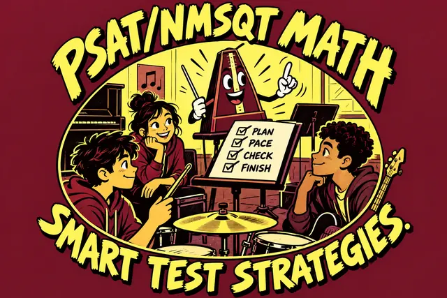 PSAT/NMSQT MATH SMART TEST STRATEGIES — original handwritten comic illustration.