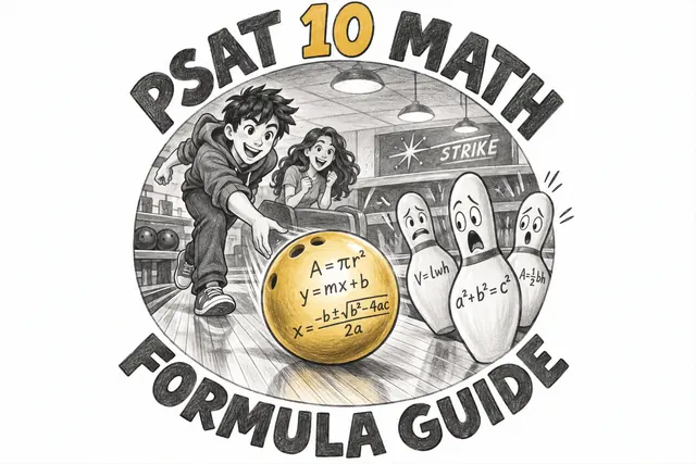 PSAT 10 MATH FORMULA GUIDE — original handwritten comic illustration.