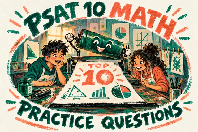 PSAT 10 MATH PRACTICE QUESTIONS — original handwritten comic illustration.