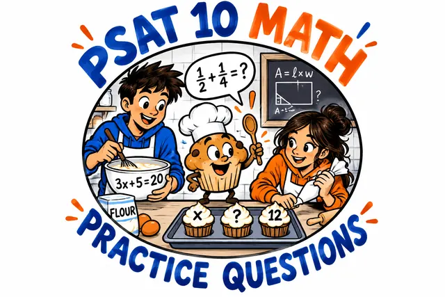 PSAT 10 MATH PRACTICE QUESTIONS — original handwritten comic illustration.