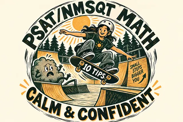 PSAT/NMSQT MATH CALM & CONFIDENT — original handwritten comic illustration.