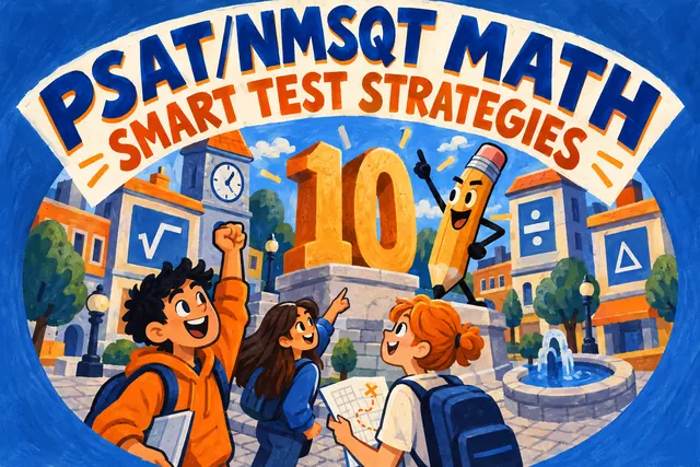 PSAT/NMSQT MATH SMART TEST STRATEGIES — original handwritten comic illustration.