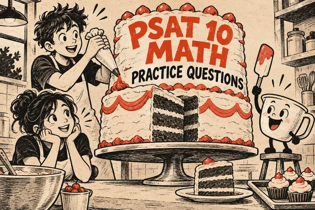 PSAT 10 MATH PRACTICE QUESTIONS — original handwritten comic illustration.