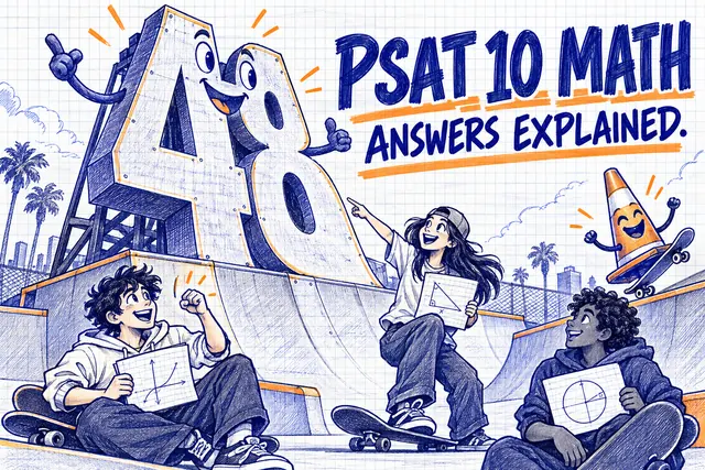 PSAT 10 MATH ANSWERS EXPLAINED — original handwritten comic illustration.