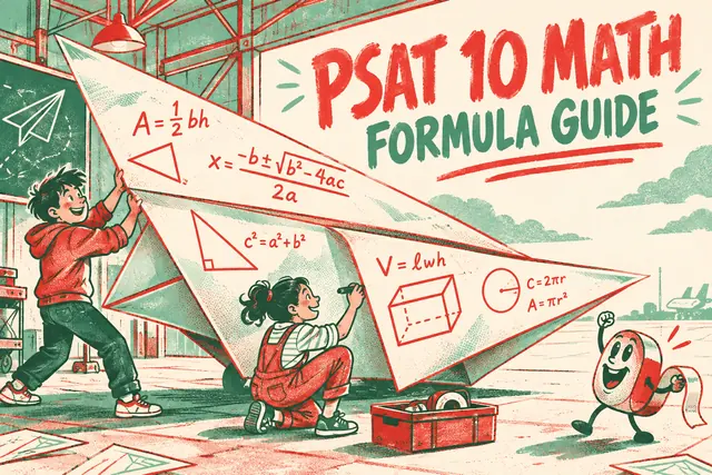 PSAT 10 MATH FORMULA GUIDE — original handwritten comic illustration.