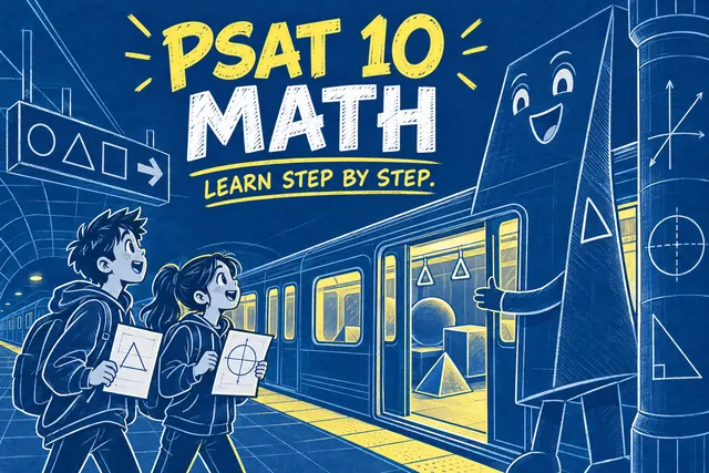 PSAT 10 MATH LEARN STEP BY STEP — original handwritten comic illustration.