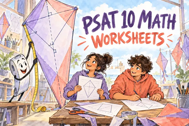 PSAT 10 MATH WORKSHEETS — original handwritten comic illustration.