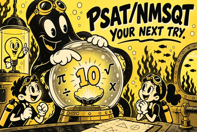 PSAT/NMSQT YOUR NEXT TRY — original handwritten comic illustration.