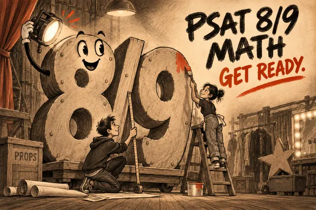 PSAT 8/9 MATH GET READY — original handwritten comic illustration.