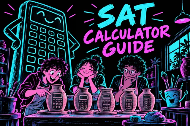 SAT CALCULATOR GUIDE — original handwritten comic illustration.
