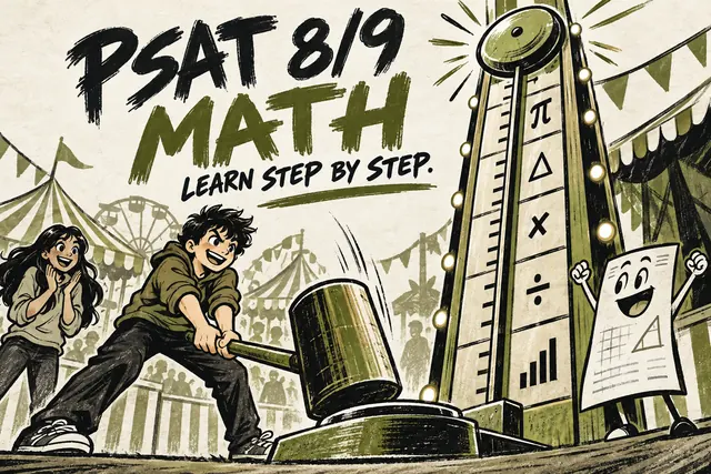 PSAT 8/9 MATH LEARN STEP BY STEP — original handwritten comic illustration.
