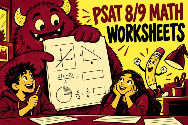 PSAT 8/9 MATH WORKSHEETS — original handwritten comic illustration.