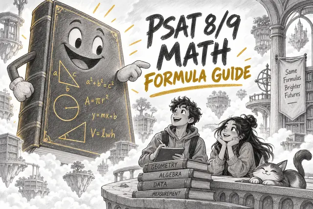 PSAT 8/9 MATH FORMULA GUIDE — original handwritten comic illustration.