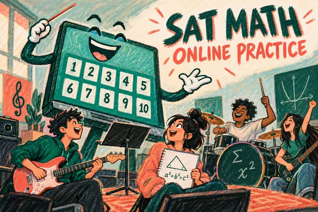 SAT MATH ONLINE PRACTICE — original handwritten comic illustration.