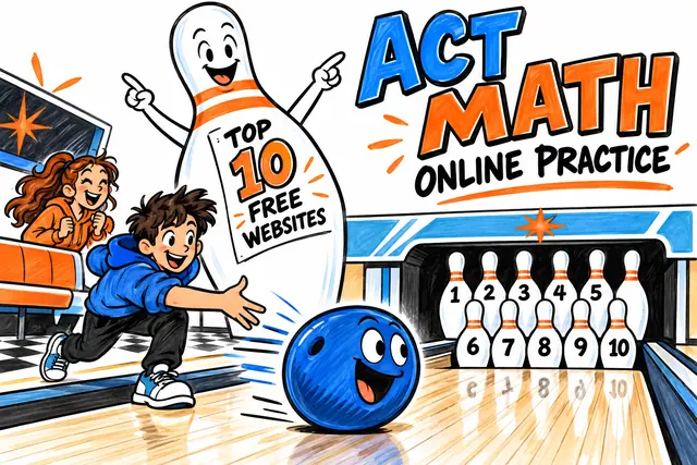 ACT MATH ONLINE PRACTICE — original handwritten comic illustration.