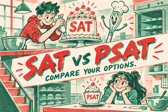 SAT vs PSAT COMPARE YOUR OPTIONS — original handwritten comic illustration.