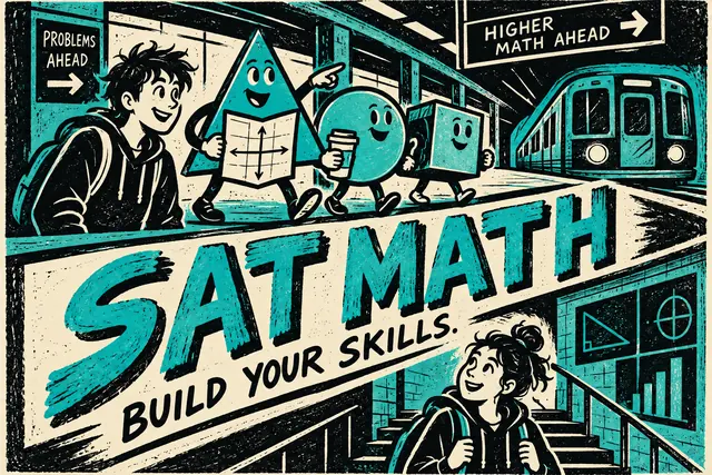SAT MATH BUILD YOUR SKILLS — original handwritten comic illustration.