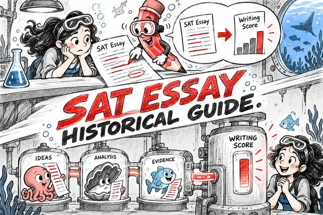 SAT ESSAY HISTORICAL GUIDE — original handwritten comic illustration.