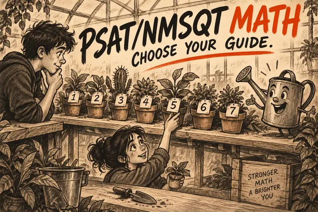 PSAT/NMSQT MATH CHOOSE YOUR GUIDE — original handwritten comic illustration.
