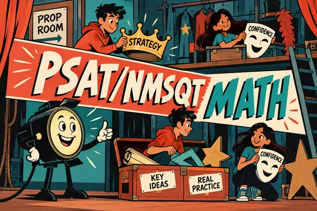 PSAT/NMSQT MATH — original handwritten comic illustration.