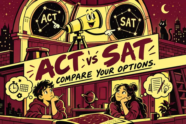 ACT vs SAT COMPARE YOUR OPTIONS — original handwritten comic illustration.